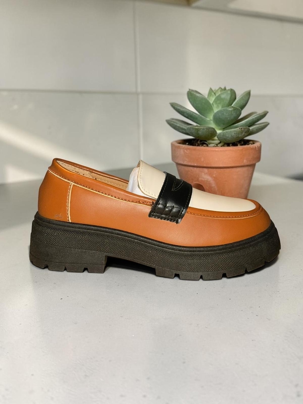 Qupid Two-Tone Platform Loafer in Cream, Brown & Black